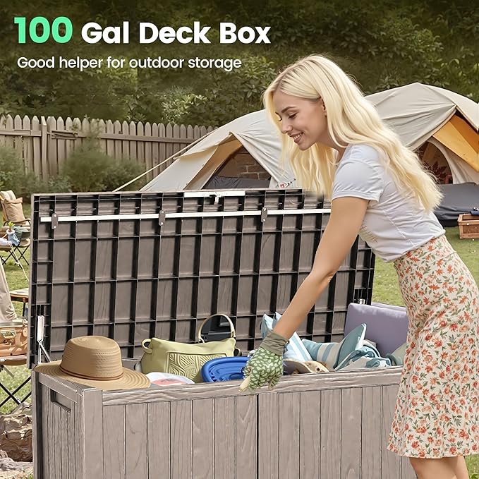 120 Outdoor Storage Box, Waterproof Resin Deck Box for Indoor & Outdoor Use, Lockable Storage Bench with Piston Hinge, Storage Bin for Patio Cushions, Garden Tools, Package Delivery, Grey-HomvellaHome