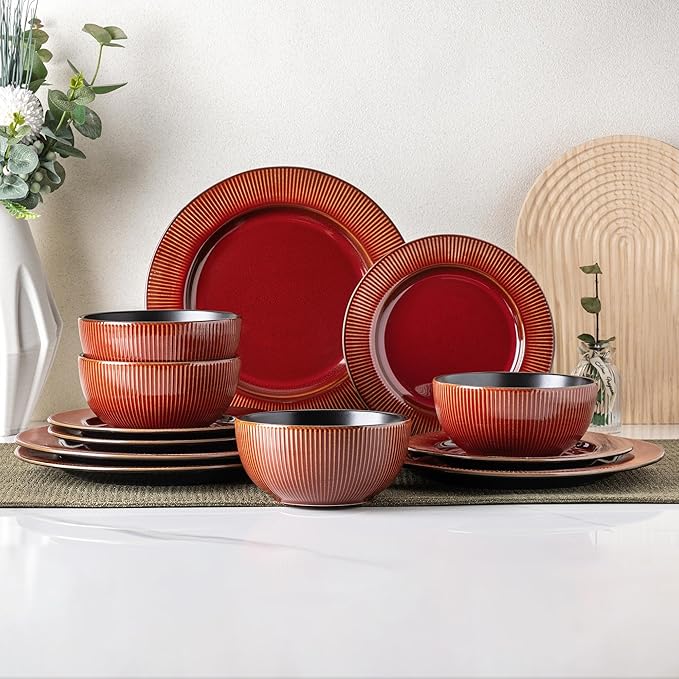 GBHOME Ceramic Dinnerware Sets,12 pcs Embossed Elegant Stoneware Plates and Bowls Sets, Housewarming Wedding Gift | Dishwasher & Microwave Safe | Dishes Set Service for 4-HomvellaHome
