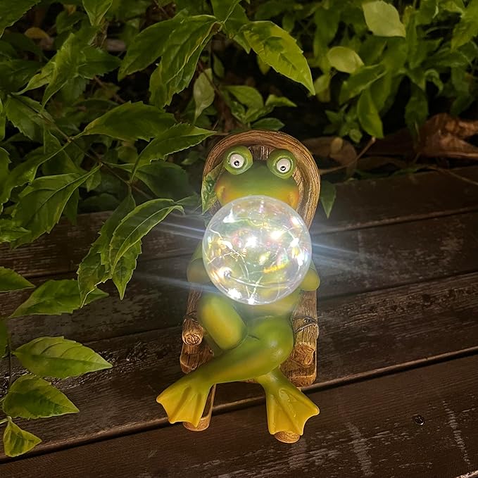 Garden Solar Frog Statue with Glowing Bubble Resin Figurine Outdoor Light Decor Hand-Painted Whimsy for Yard Patio Porch Fairy Decoration Housewarming Unique Gifti for Women-HomvellaHome