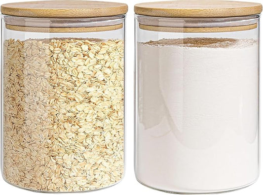 Glass Storage Jars Set Elegant Containers with Airtight Bamboo Lids, Perfect for Kitchen Organization - Flour, Rice, Pasta, Sugar, Coffee Beans, Accessories Included (2 packs(111oz))-HomvellaHome