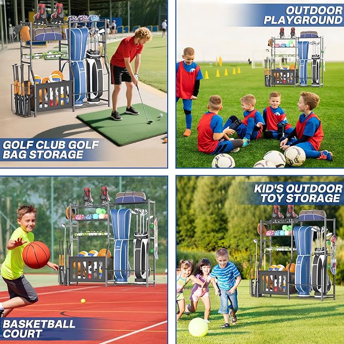 Garage Sports Equipment Organizer, Strong Load Bearing Golf Bag Organizer, Multi Use Golf Ball Rack Basketball Rack for Sports Gear and Outdoor Toy Ball Storage-HomvellaHome