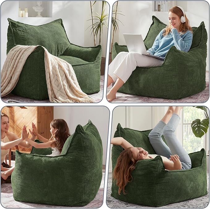 Giant Bean Bag Chair Sofa for Adults Teens, Comfy Corduroy Large Bean Bag Chairs with Armrests for Bedroom Living Room, Adult BeanBag Lazy Sofa Couch Chairs with Filler Included-HomvellaHome