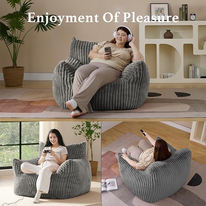 Giant Plush Bean Bag Chair for Adults with Armrests - Oversized Comfy Light Grey Beanbag Lounge Lazy Floor Sofa Accent Chair for Living Room, Bedroom & Dorm, Cozy Fluffy Single Cloud Mini Couch-HomvellaHome