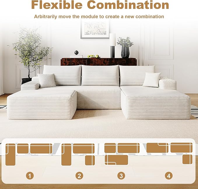 108" Sectional Couches for Living Room Modern Modular Sofa with L-Shape Couchs Upholstered Boneless Couch Deep Seat Sectional Couch with Chaise (White, Right Facing Chaise+2Seaters+1Ottoman)-HomvellaHome