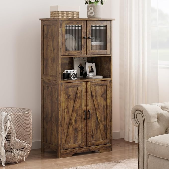 GarveeHome 54in Tall Bathroom Cabinet, Farmhouse Storage Cabinet with Glass Doors and Adjustable Shelves, Freestanding Kitchen Pantry Cabinets, Cupboard for Living Room, Dining Room, Rustic Brown-HomvellaHome