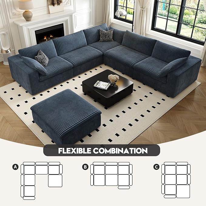 118" Cloud Couch Oversized Modular Sectional Sofa for Living Room,Modern Sofa with Deep Seat，6 Seater Boneless Couch,Comfy Upholstered Corduroy Couches for Apartment, Studio, Office,Bedroom，Blue-HomvellaHome