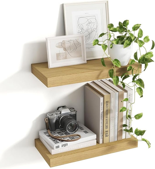 16 Inch Floating Shelves, 8 Inch Deep Floating Shelves for Wall, Hanging Shelf with Invisible Brackets, Deep Shelves for Bathroom, Bedroom, Living Room, Oak, Set of 2-HomvellaHome