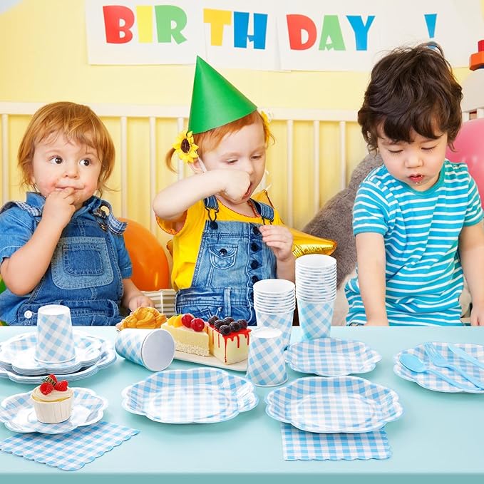175 Pcs Blue Gingham Plates and Napkins Party Supplies - Blue and White Checkered Plates Sets Serve 25 Guests - Scalloped Gingham Paper Plate for Birthday Dinner Wedding Baby Shower Party Decorations-HomvellaHome