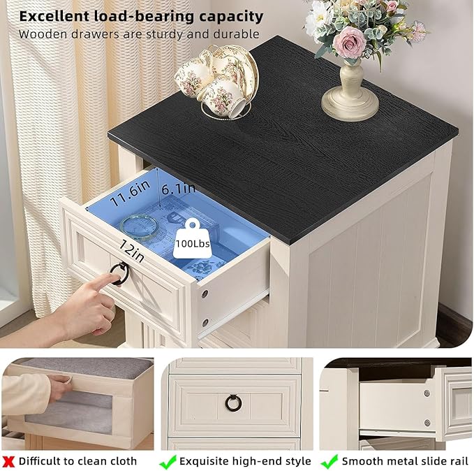 18" Farmhouse Night Stands Set of 2 with Charging Station, 2 & 3 Drawers End Table Dresser for Bedroom, White Wooden Nightstand, Bed Side Table with Open Shelf, Bedside Cabinet for Living Room-HomvellaHome