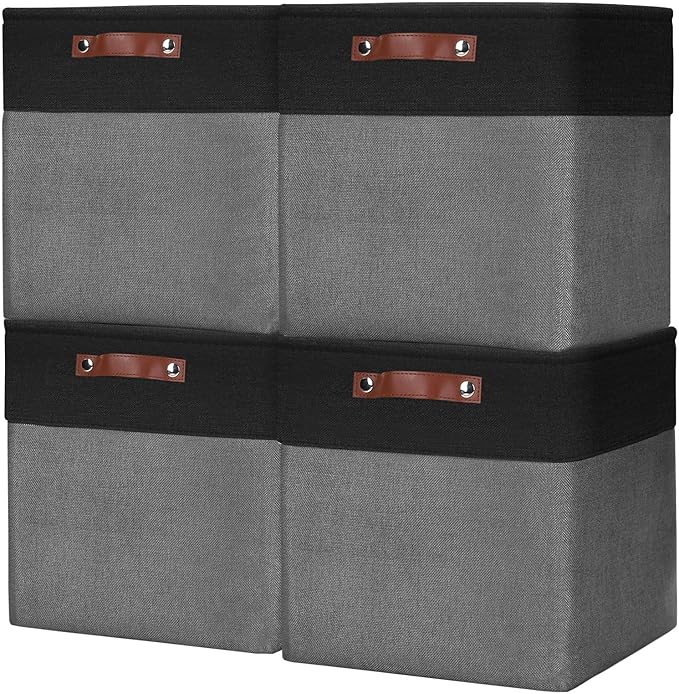 13x13 Cube Storage Bins, Collapsible Fabric Storage Box, 4 Pack Closet Baskets with Handles for Organizing, Shelf, Toys, Clothes, Home, Office, Nursery (Grey&Black)-HomvellaHome