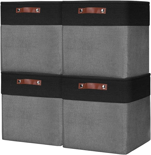 13x13 Cube Storage Bins, Collapsible Fabric Storage Box, 4 Pack Closet Baskets with Handles for Organizing, Shelf, Toys, Clothes, Home, Office, Nursery (Grey&Black)-HomvellaHome