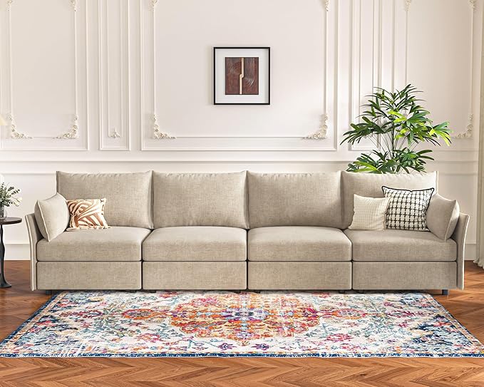 134.6" Modular Sectional Sofa, Oversized 4 Seater Couch with Removable Beige Chenille Fabric Cover, Deep Seat & High Backrest for Living Room, Office & Apartment-HomvellaHome