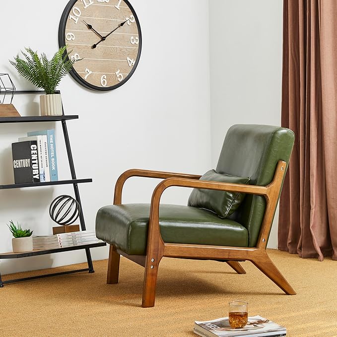 Glitzhome 2 Set Mid Century Hunter Green Accent Armchair, Single Reading Armchair PU Leather Lounge Chair with Walnut Ruberwood Frame-HomvellaHome