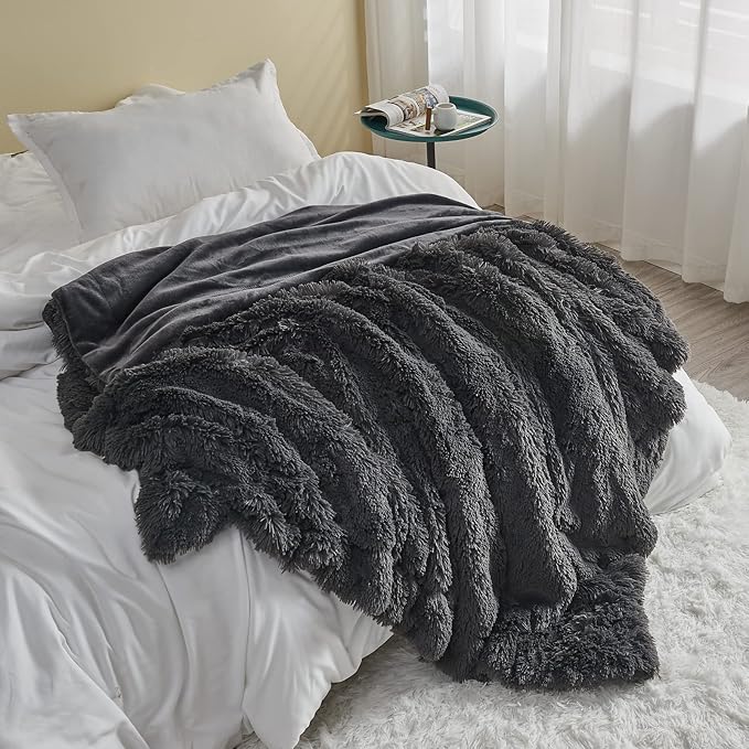 GONAAP Fuzzy Faux Fur Throw Blanket Dark Grey Super Soft Cozy Plush Fuzzy Shaggy Blanket for Couch Sofa Bed (Dark Grey, Throw(50"x60"))-HomvellaHome