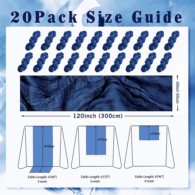 10FT 20 Pack Royal Blue Cheesecloth Table Runner 20 x 120 Inch Long Rustic Gauze Cheese Cloth Table Runner for Wedding Bridal Baby Shower Table Decorations Boho Fabric Sheer Birthday Party Table Decor-HomvellaHome
