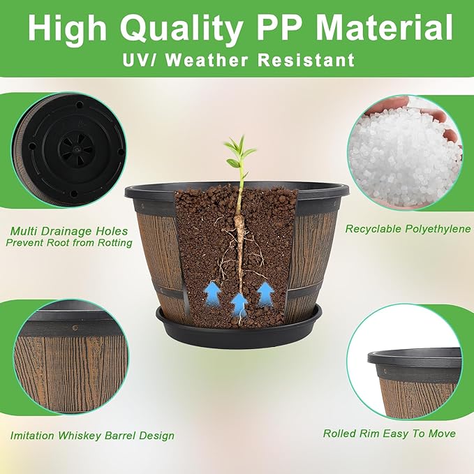 16-inch-Plant-Pots-Indoor-Outdoor, 4 Pack Large Whiskey Barrel Planters with Drainage Holes & Saucer, Plastic Flower Pots Imitation Wine Barrel Design, Decorative Garden Pots for Plants-HomvellaHome