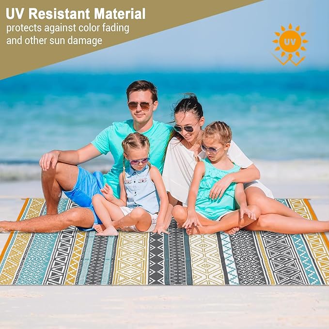 GAOMON Reversible Outdoor Rug 9'x18' Waterproof Plastic Straw Rug, Patio Rug, Large Modern Area Rug Carpet, Indoor Outdoor Rugs for Camping, Porch, Deck, Balcony, Backyard, Teal/Yellow(Bohemia)-HomvellaHome