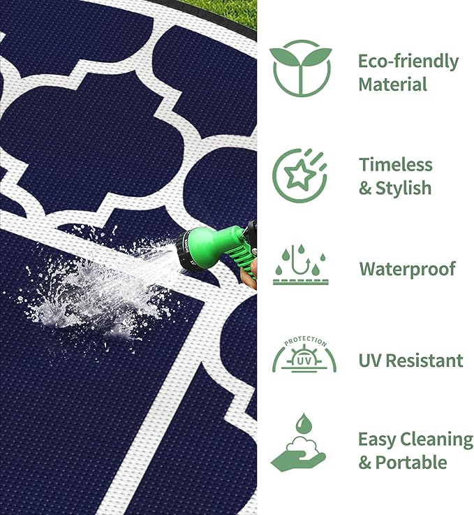 GENIMO 8' Round Outdoor Rug Waterproof for Patio Decor, Foldable Reversible Plastic Straw Area Rugs Mat for Rv, Outside Carpet for Camper, Deck, Picnic, Beach, Balcony, Camper, Blue & White-HomvellaHome