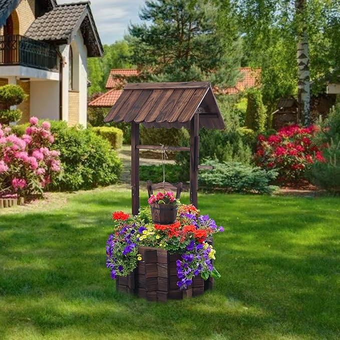 Garden Wooden Decor Rustic Wishing Well Planter Outdoor Home Décor for Patio, Upgrade Wishing Well Garden, Yard Hanging Bucket Patio Lawn Backyard Home Decor-HomvellaHome