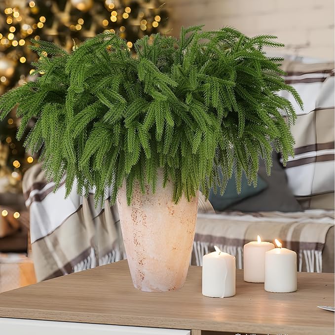 12 Pcs Artificial Norfolk Pine Branches, Norfolk Pine Artificial Pine Stems DIY Crafts Faux Christmas Greenary Norfolk Pine Branches for Xmas Wreath Garland Home Decor (12)-HomvellaHome