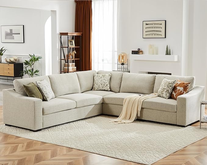 112" L Shaped Sectional Sofa with Detachable Sofa Cover, Reversible Sectional Modular Couch for Living Room, Linen Fabric Corner Couch with 7 Seats, Oatmeal-HomvellaHome