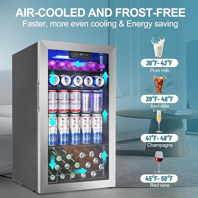 128 Cans Beverage Refrigerator Cooler, 3.2 Cu.Ft Mini Drink Fridge Glass Door for Drink Beer Soda Wine, Beer Fridge with 4 Removable Shelves for Kitchen Bedroom, Office Bar Gaming Room,Stainless Steel-HomvellaHome