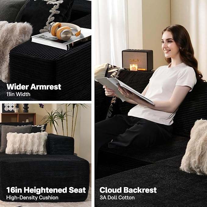 104" Cloud Sectional Couches for Living Room,L Shaped Boneless Couch in A Box,Sleeper Sofa with Comfy Chaise No Assembly Required,Black-HomvellaHome