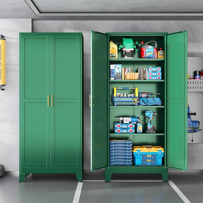 Green Metal Storage Cabinet,75" Steel Cabinets for Home Office, Kitchen Pantry Storage Cabinet with Doors and 5 Adjustable Shelves, Tool Cabinets, for Office, Home, Garage, School-HomvellaHome