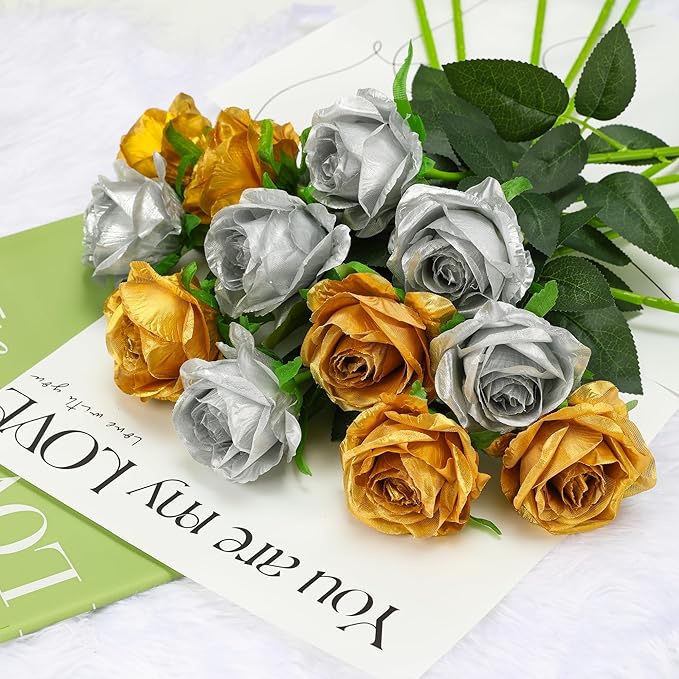 Gold Fake Roses Artificial Flowers - 16 Pcs Fake Artificial Roses Silk Flowers with Stems for Home Wedding Hotel Office Centerpiece Decor-HomvellaHome