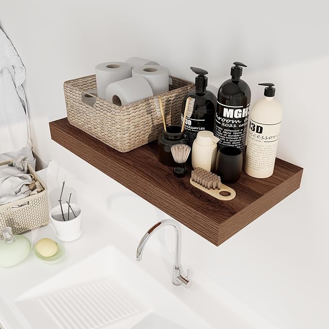 12 Inch Deep Floating Shelves, 24 x 12 Floating Shelf for Books, Rustic Wood Deep Wall Shelves for Home Storage & Display, 2" Thicked Shelves for Kitchen, Living Room, Bedroom, Walnut Color, 2 Pack-HomvellaHome