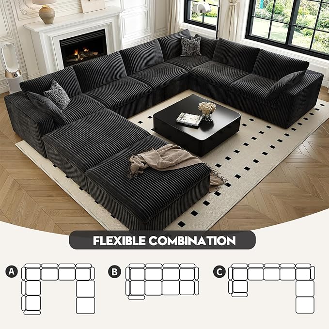 157.5" Cloud Couch Oversized Modular Sectional Sofa for Living Room,Modern Sofa with Deep Seat，8 Seater Boneless Couch with 2 Ottoman,Comfy Upholstered Couches for Apartment, Studio, Office,Black-HomvellaHome