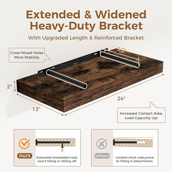 12 Inch Deep Floating Shelves, 24 x 12 Floating Shelf for Books, Rustic Wood Deep Wall Shelves for Home Storage & Display, 2" Thicked Shelves for Kitchen, Living Room, Bedroom, Rustic Brown, 1 Pack-HomvellaHome