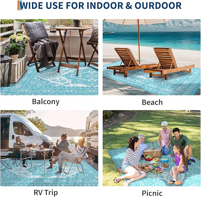 GAOMON Outdoor Rug Waterproof 9x12 Patio Rugs Reversible Plastic Straw Rug, Large UV-Resistant Portable RV Camping Mats, Indoor Outdoor Medallion Carpet for Deck Porch Garden, Light Blue & White-HomvellaHome