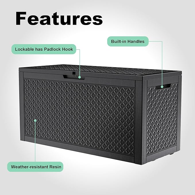 100 Gallon Resin Deck Box, Lockable Outdoor Storage Box for Patio Cushions Storage Furniture,Garden Tools, Pool Supplies, Weatherproof and UV Resistant（Black L）-HomvellaHome