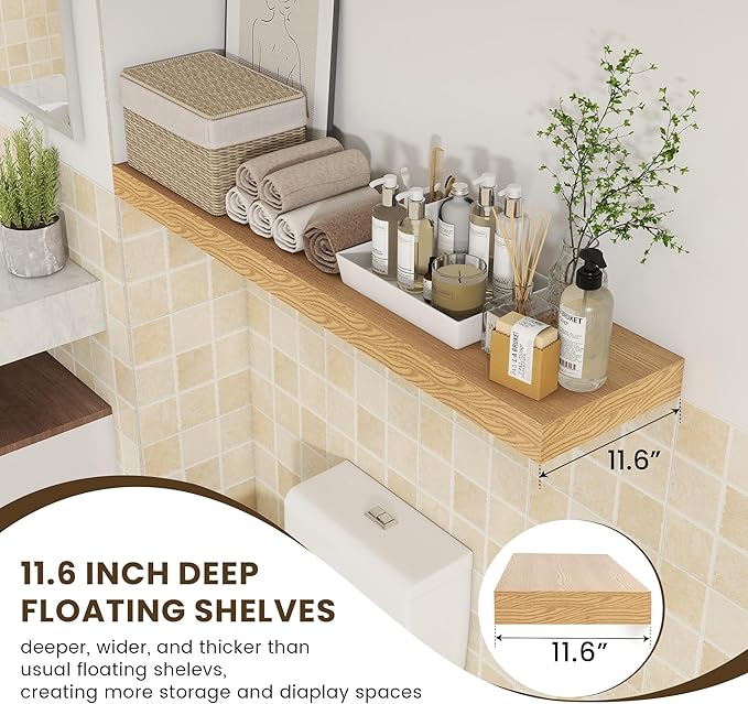 12 Inch Deep Floating Shelves for Wall, 48W x 12D Rustic Oak Wood Floating Shelves, Large Floating Shelves Set of 1 for Living Room Bathroom Laundry Room Bedroom Kitchen Home Office - Oak-HomvellaHome