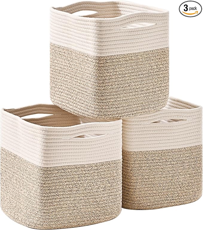 11 Inch Cube Storage Bins, Organizer Woven Cotton Rope Square Baskets for Organizing Shelves, Toys, Nursery, Off White & Brown (Pack of 3)-HomvellaHome