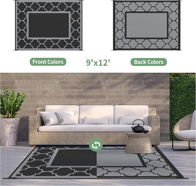 GENIMO Outdoor Rug 9' x 12' Waterproof for Patio Decor, Reversible Plastic Straw Area Rugs Mat for Camper, Outside Carpet for Camping, Rv, Deck, Porch, Picnic, Beach, Balcony, Black & Grey-HomvellaHome