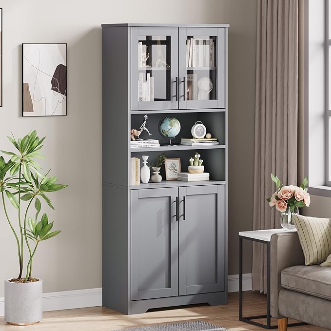 GarveeHome 67" Tall Storage Cabinet, Tall Bathroom Cabinet with Glass Doors and Adjustable Shelves, Freestanding Kitchen Pantry Cabinets, Cupboard for Living Room, Dining Room, Gray-HomvellaHome