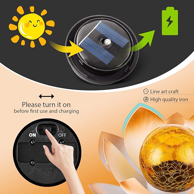 Garden Solar Lights Outdoor(2Pack) , Amber Crackle Globe Glass Lotus Decoration , Waterproof Orange Metal LED Flower Lights for Patio,Lawn,Walkway,Tabletop,Ground, Garden Gifts for Women-HomvellaHome