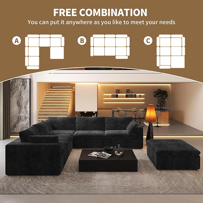 118" 6-Seater Cloud Sofa,Modular Sectional Couch with Ottoman,Modern Deep Seat Upholstered Couches with Corduroy Fabric for Living Room Furniture,Bedroom and Apartment,No Assembly Required,Black-HomvellaHome