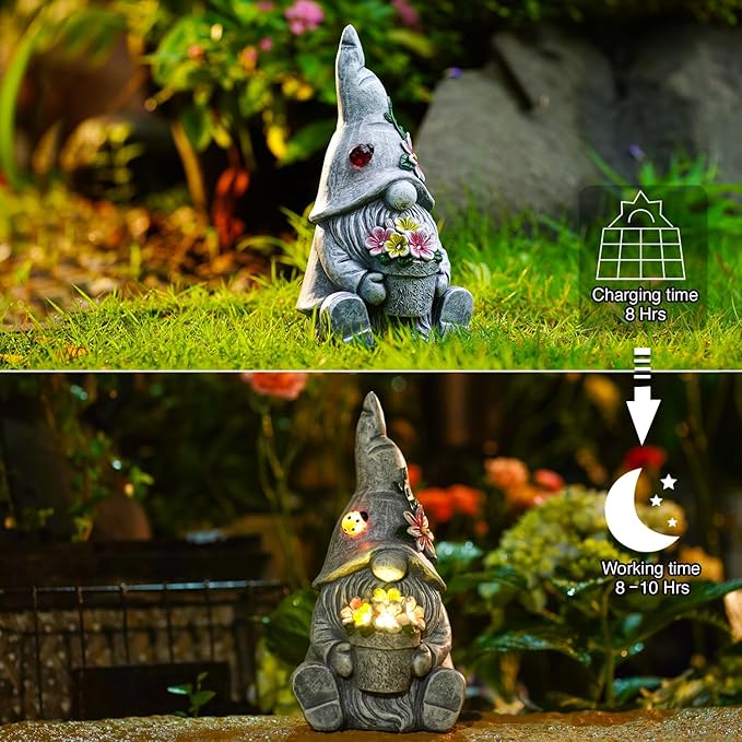 Goodeco Sitting Gnome Holding Flower Statue - Solar Garden Gnomes Decor for Outside with LED Lights, for Women or Moms, Housewarming Gnome Decorations-HomvellaHome
