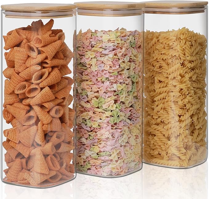 Glass Food Storage Jars 76 oz Set of 3,Glass Storage Containers Clear Glass Food Canister with Bamboo Lid Airtight For Serving Tea, Coffee, Flour, Sugar, Candy, Cookie, Spice and More (Square)-HomvellaHome