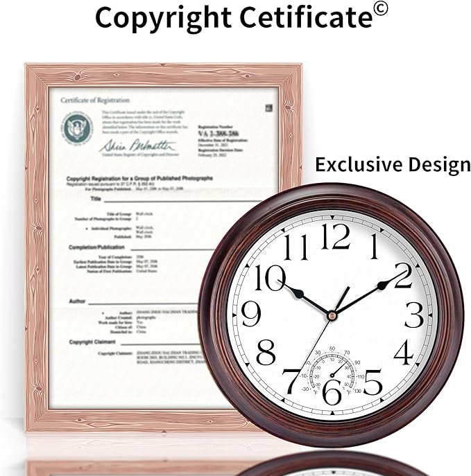 10 Inch Outdoor Wall Clock with Thermometers, Vintage Silent Wall Clocks Battery Operated, Retro Non-Ticking Clock Decorative for Living Room, Patio, Kitchen, Office, Bathroom, Bedroom(Bronze)-HomvellaHome