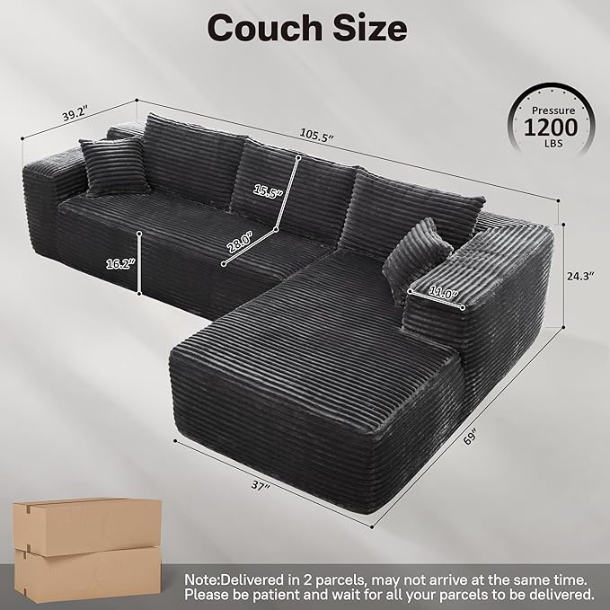106" Cloud Sectional Couches for Living Room,Plush Corduroy Boneless Couch with Comfy Chaise,L Shaped Sofa in A Box No Assembly Require,Grey-HomvellaHome
