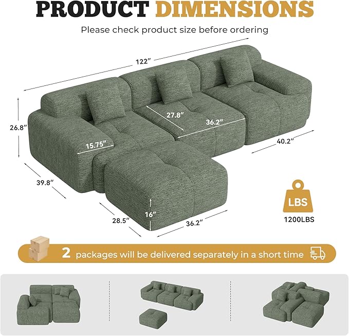 122" Modern L Shaped Modular Sectional Sofa, Boneless Couches for Living Room with Ottoman,4 Seater Convertible Chenille Cloud Couch Sofa Set, No Assembly Required, Green 1 PCS-HomvellaHome