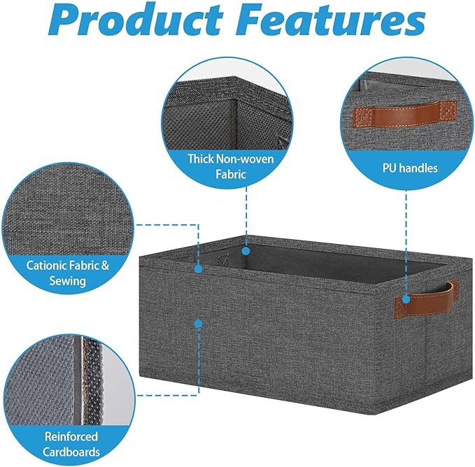GhvyenntteS Small Fabric Storage Bins 12 Pack, 11.8" x 7.87" x 5.11" Storage Basket with Leather Handles, Closet Storage Bins for Shelves, Storage Baskets for Shelves, DVD Storage (Grey)-HomvellaHome