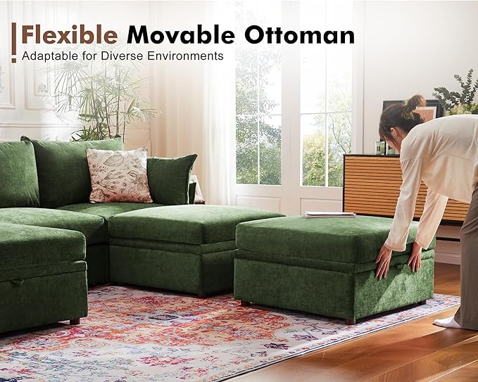 134.6" Oversized Modular Sectional Sofa, 6 Seater U Shaped Couch with Storage Ottoman with Reversible Chaise Deep Seat for Living Room, Apartment - Chenille Green-HomvellaHome