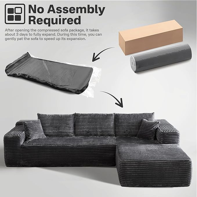 106" Cloud Sectional Couches for Living Room,Plush Corduroy Boneless Couch with Comfy Chaise,L Shaped Sofa in A Box No Assembly Require,Grey-HomvellaHome