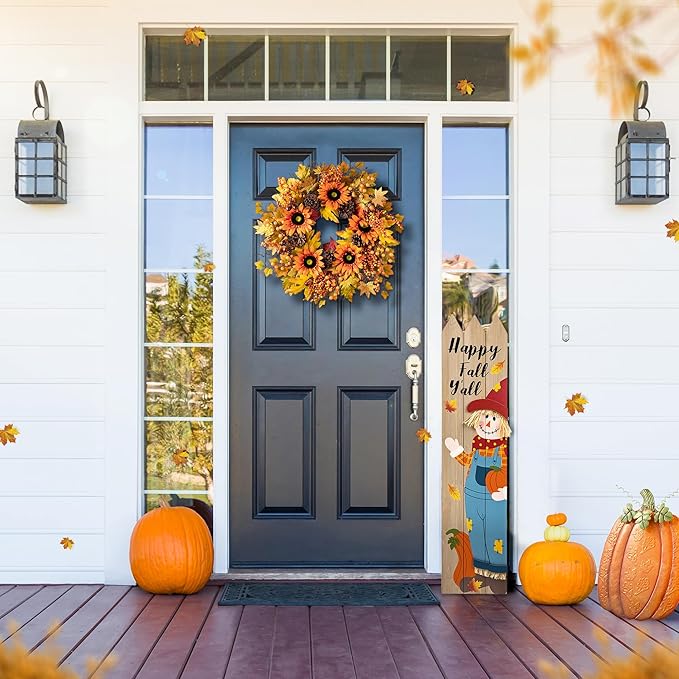 Glitzhome 24'' Fall Wreath for Front Door Decor, Artificial Autumn Orange Wreath with Sunflower, Maple Leaf and Berry Ornament for Wall Fireplace Farmhouse Thanksgiving Day Harvest Festival Decor-HomvellaHome