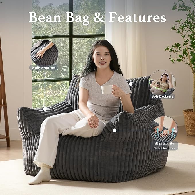 Giant Plush Bean Bag Chair for Adults with Armrests - Oversized Comfy Grey Beanbag Lounge Lazy Floor Sofa Accent Chair for Living Room, Bedroom & Dorm, Cozy Fluffy Single Cloud Mini Couch-HomvellaHome